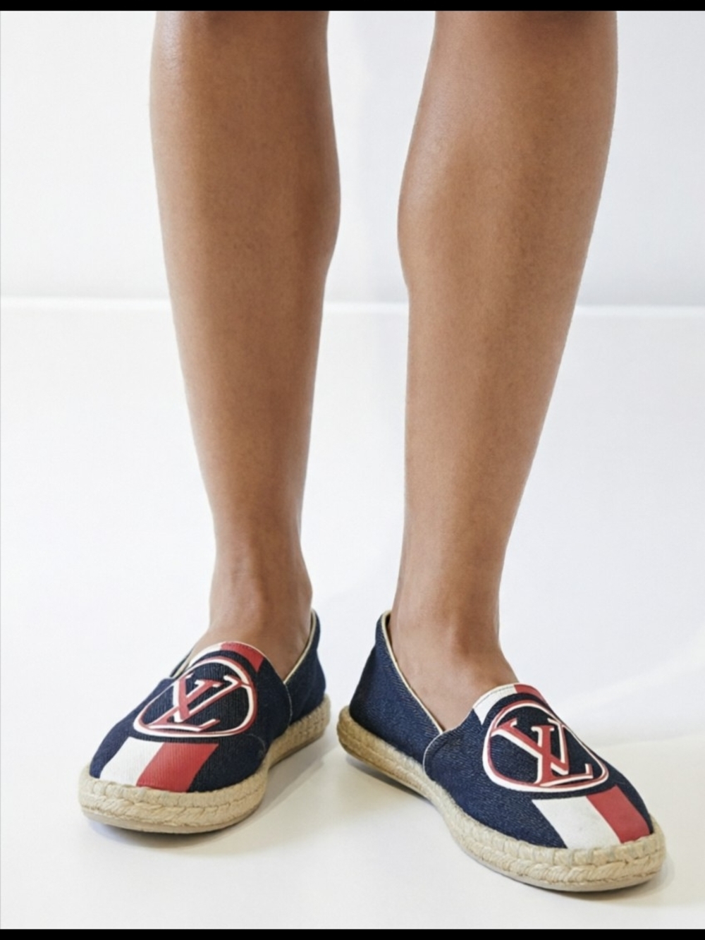 Louis Vuitton Navy Blue Espadrille Slip-Ons with Red & White Stripe